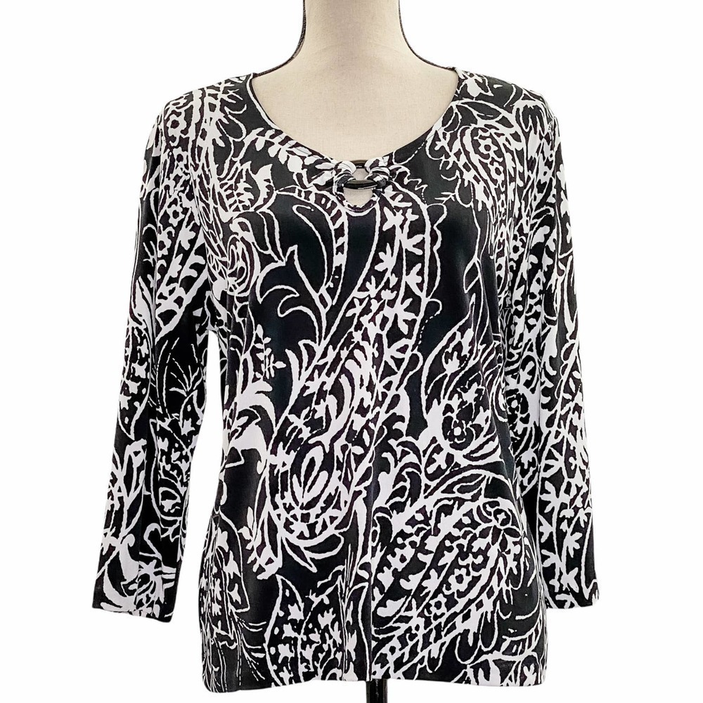 JONES Wear New York Black & White Paisley Print Long Sleeve V-Neck Blouse